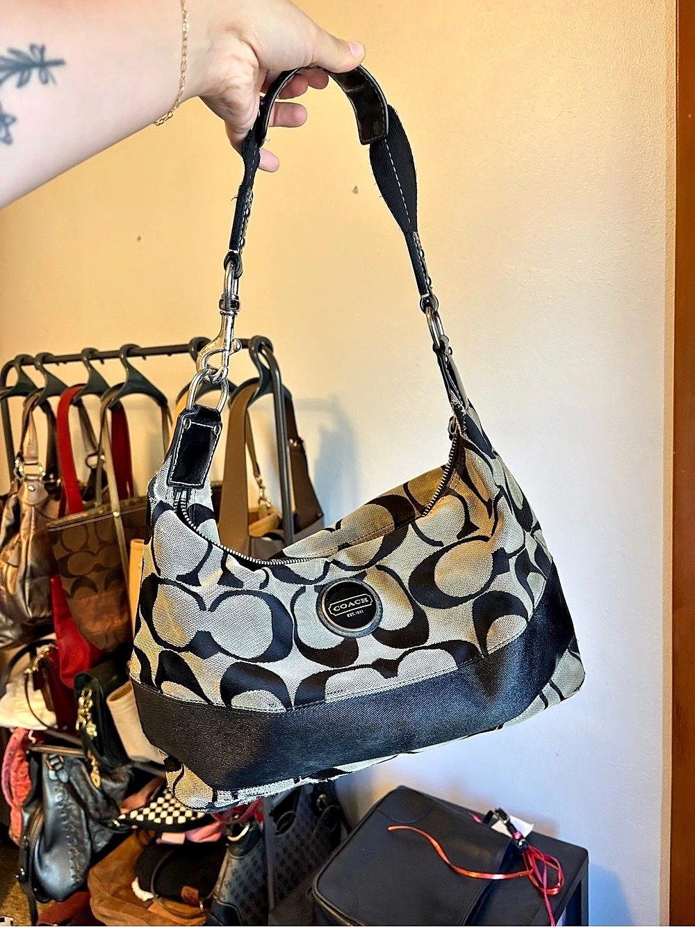 Coach Signature Stripe Hobo Black & White Shoulder Bag